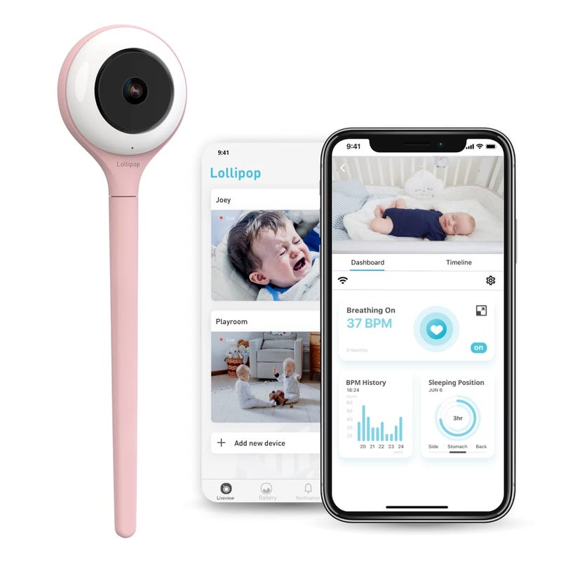 لولي بوب Lollipop Baby Monitor (Cotton Candy) - كاميرا Wi-Fi ذكية كاملة المواصفات لاكتشاف البكاء الحقيقي مع خطة إضافية داخل التطبيق لمراقبة التنفس/تتبع النوم - ملحقات مجانية/فترة تجريبية مدتها 7 أيام - Image 1